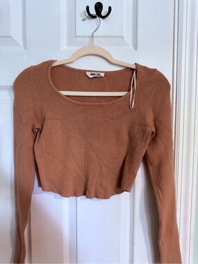 Double Zero Ribbed Long Sleeve Crop Top - Camel